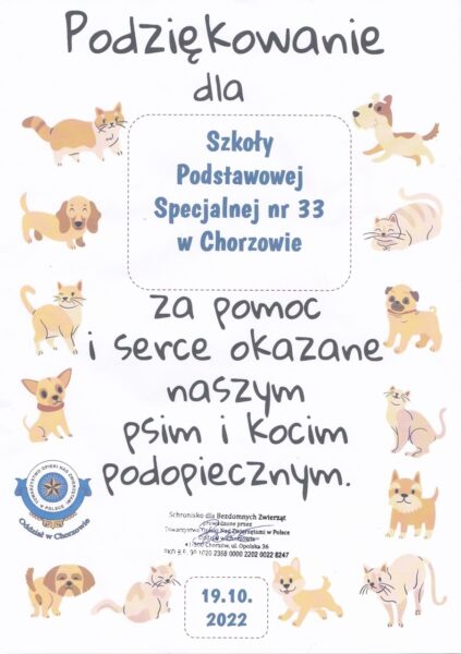 Plakat podziękowanie za pomoc Schronisku w Chorzowie